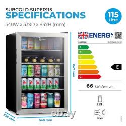 Subcold 115L Under Counter Drinks Fridge Super115 LED Stainless Steel Glass Door